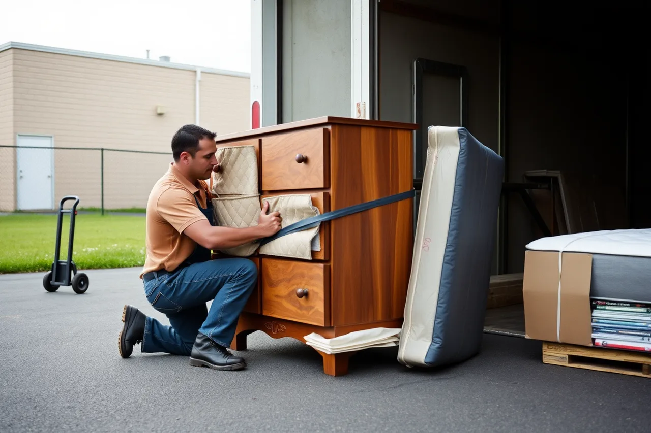 Mover wrapping a dresser with moving pads in a yard (Staffing a moving company with people who stay)