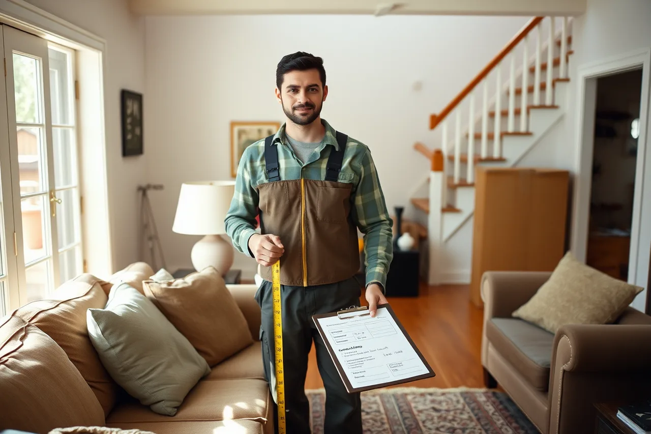Mover measuring a sofa during a home survey with clipboard (How to start a moving company, stage by stage from entity to opening)