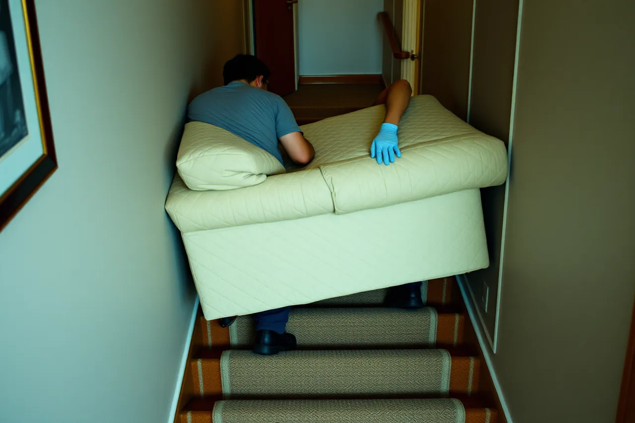 Two movers carrying a padded sofa down a staircase (The new-hire checklist for a moving company, explained)