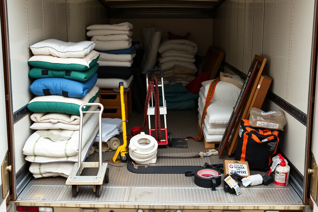 Moving pads, dollies, straps, shrink wrap, and tool kit laid out on a truck ramp (Setting up a moving company: the equipment checklist)