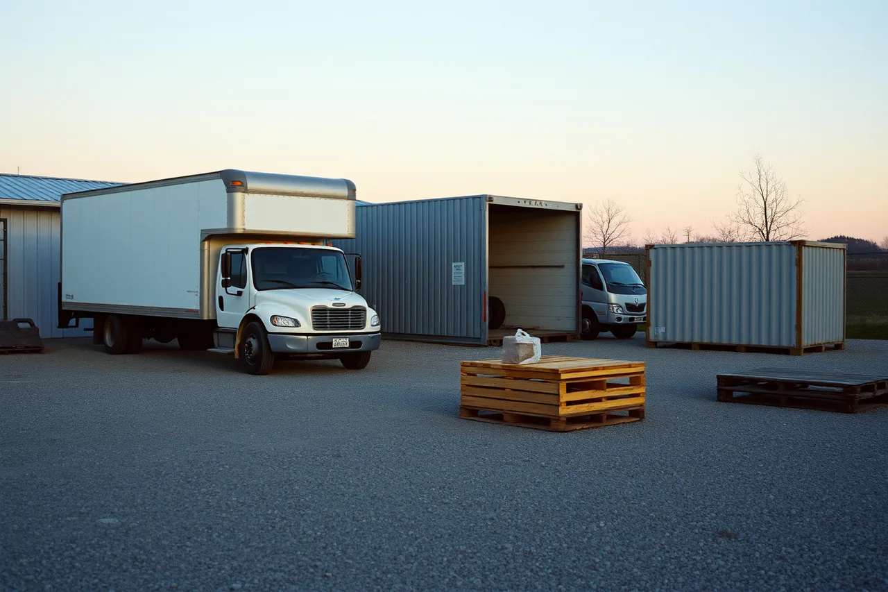 Moving trucks parked in a fenced yard beside a dry-storage shed (Setting up a moving company: the equipment checklist)