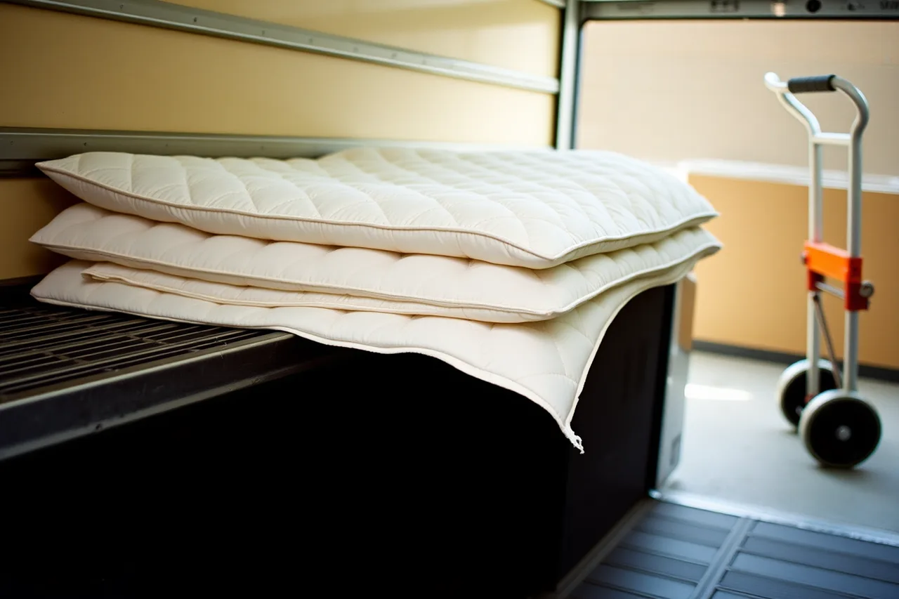 Stacked moving pads on a truck shelf with a torn pad visible (Moving company gear for new owners, itemised)