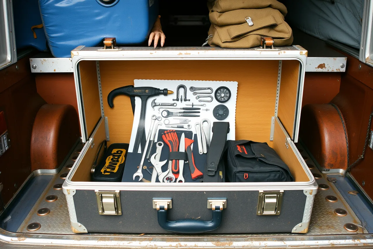 Open tool kit with a photograph of its contents taped inside the lid (Moving company gear for new owners, itemised)