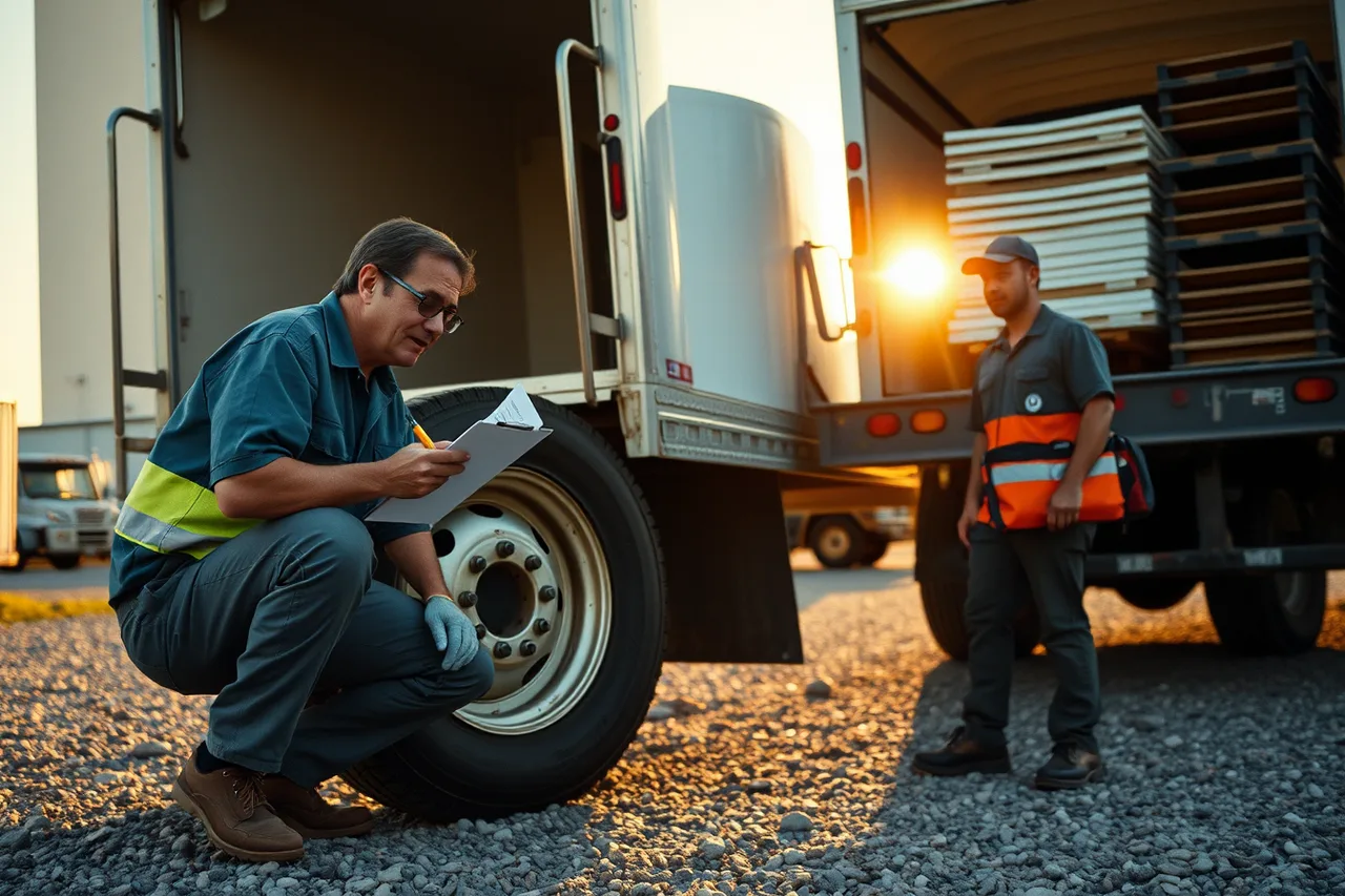 Crew lead inspecting truck tire and lights at yard before departure (Moving company daily operations: the SOP checklist owners rely on)