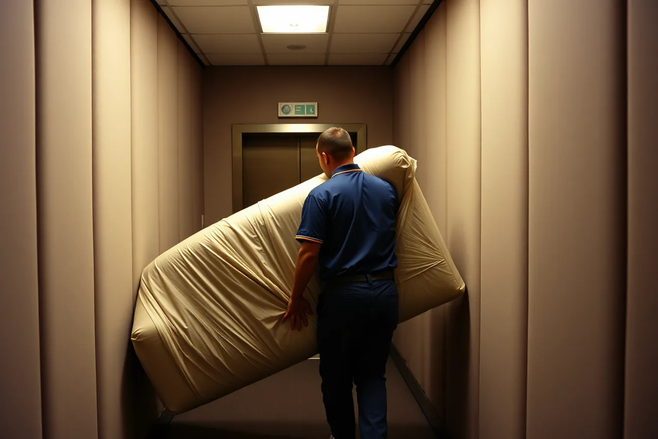 Movers carrying a wrapped sofa through a high-rise service corridor (Do New York City high-rise rules change mover household estimates?)