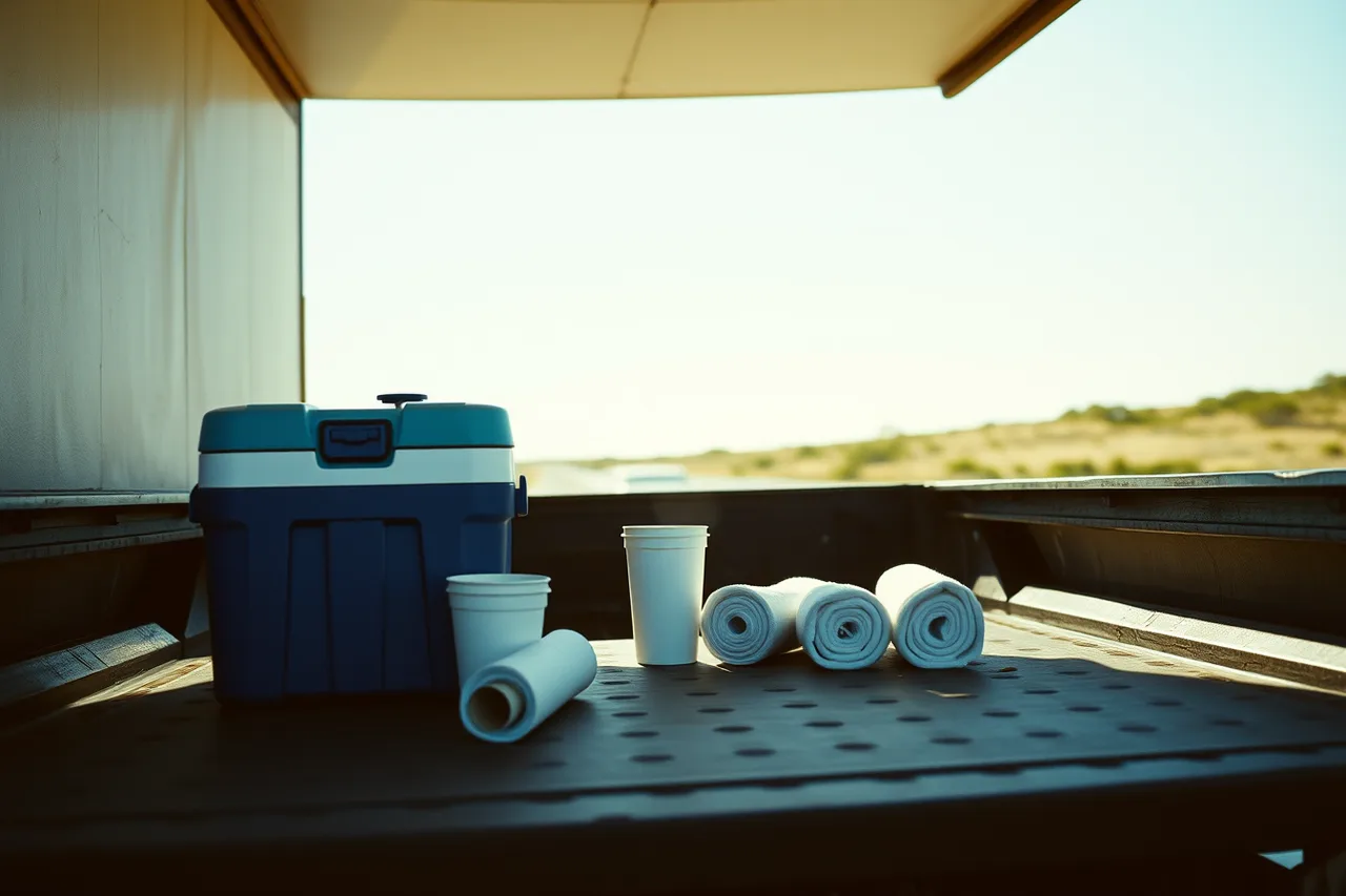 Water cooler, cups and cooling towels on a shaded moving truck tailgate (How Phoenix heat and Denver altitude affect mover household estimates)